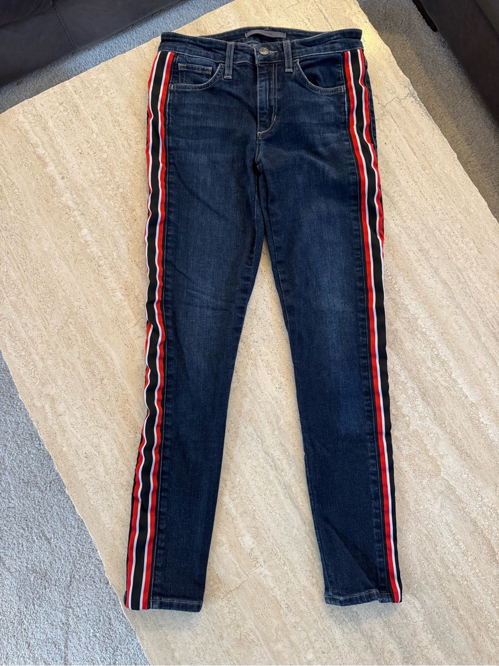 Joe’s Dark Wash Skinny Jeans with Red & White Side Stripes